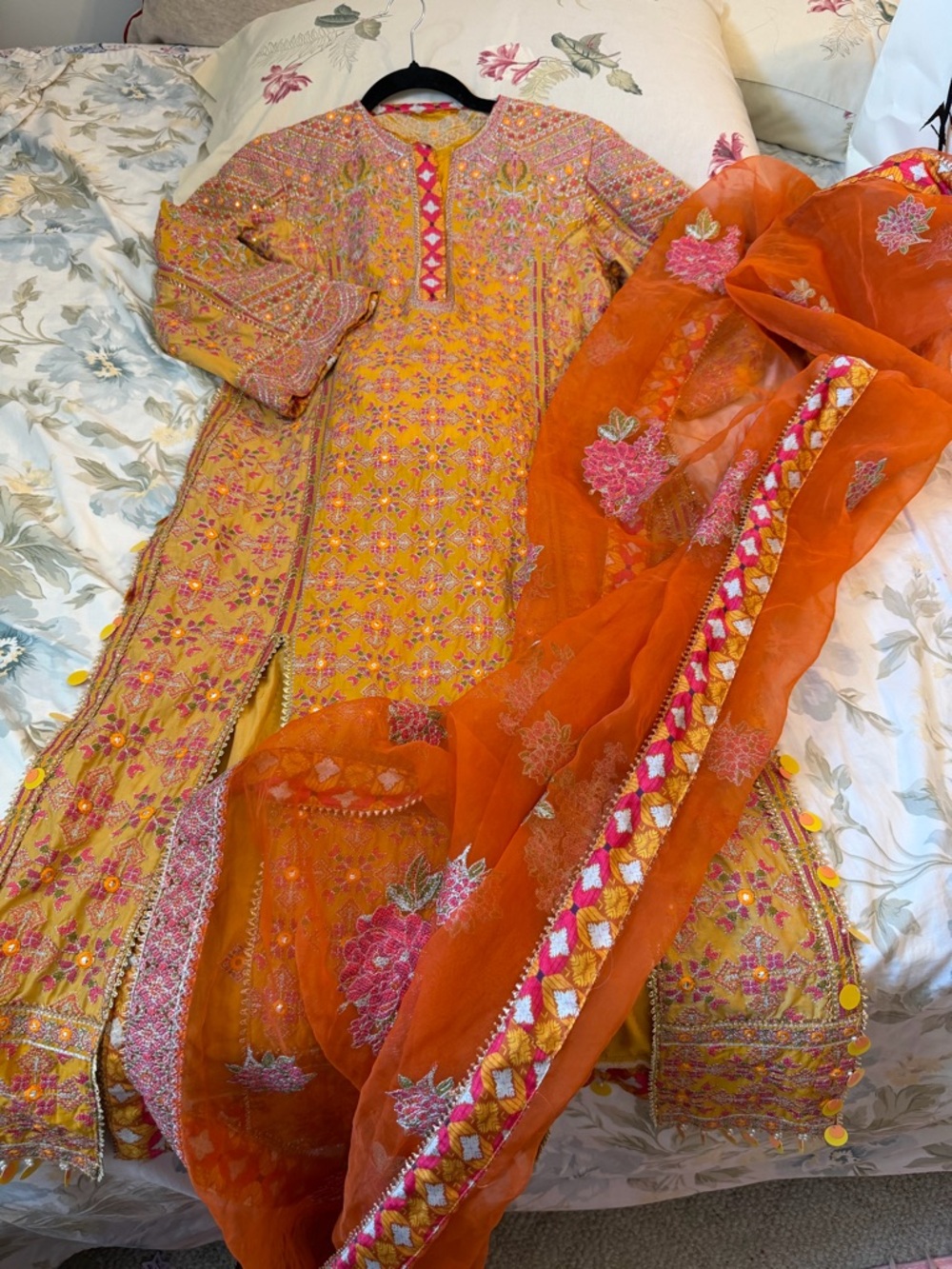 Embroidered Orange-Yellow Long Shirt Dress with Matching Dupatta